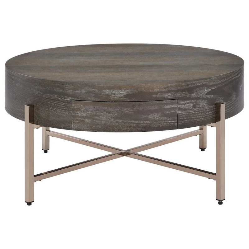 1 Drawer Round Modern Coffee Table with Crossed Metal Legs, Brown and Gold - 16 H x 32 W x 32 L Inches