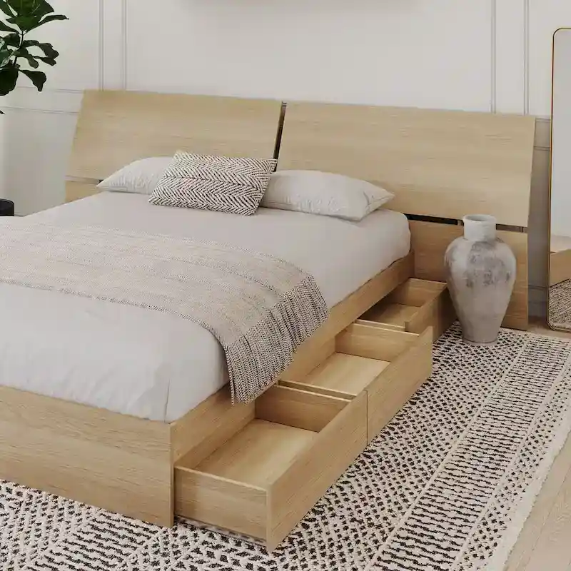 Storage Bed with Panoramic Headboard, Natural Maple
