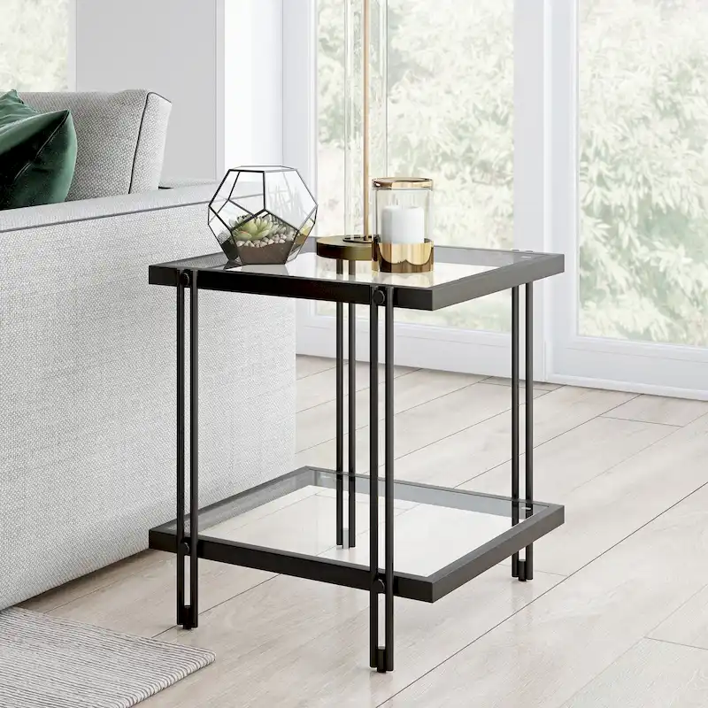 Brass / Blackened Bronze / Brass Walnut Geometric Steel & Glass Side Table – Single