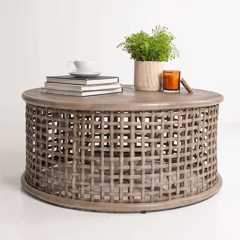 Grey Solid Wood Rattan Round Coffee Table by East at Main