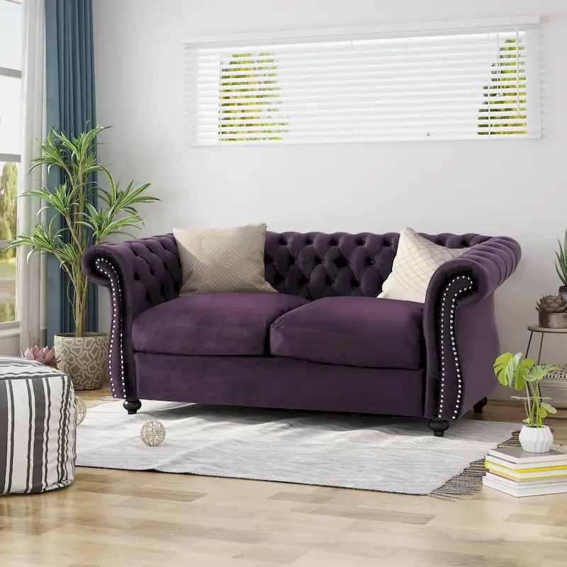Chesterfield Nailhead Loveseat – Blackberry / Navy Blue / Emerald / Beige / Dark Gray – Fabric – 2-Seat
