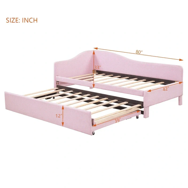 Twin Size L-Shaped Upholstered Daybed with Pop-Up Trundle – Pink