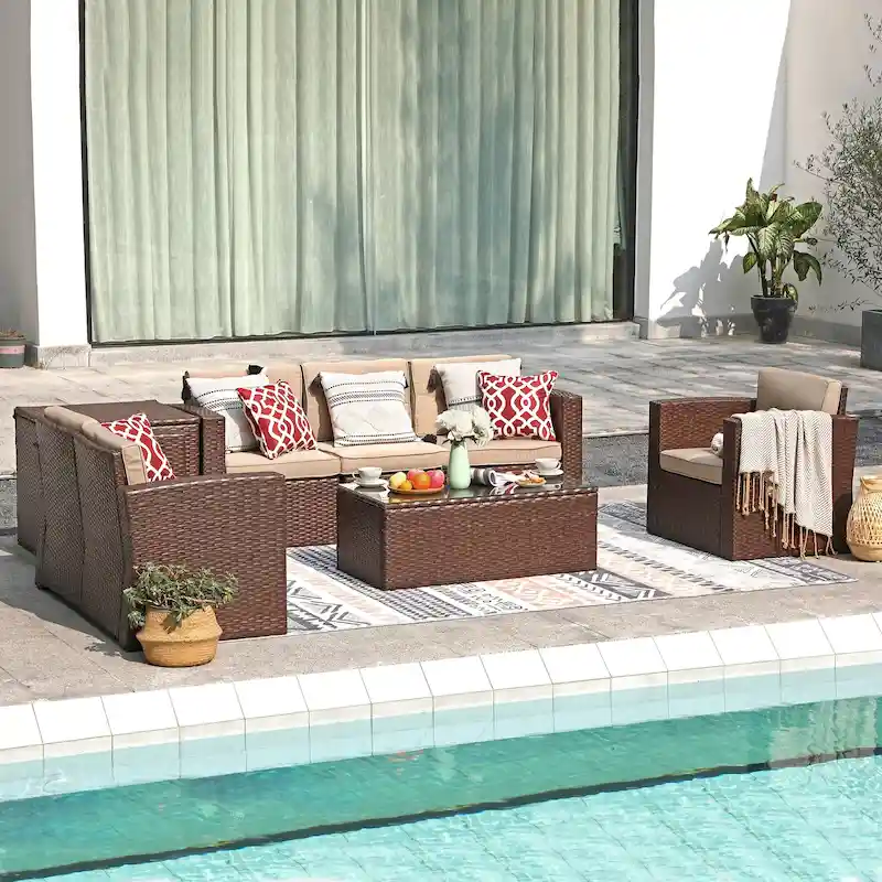 Outdoor 8 Pieces Wicker Sectional Sofa Set w/ Storage Box