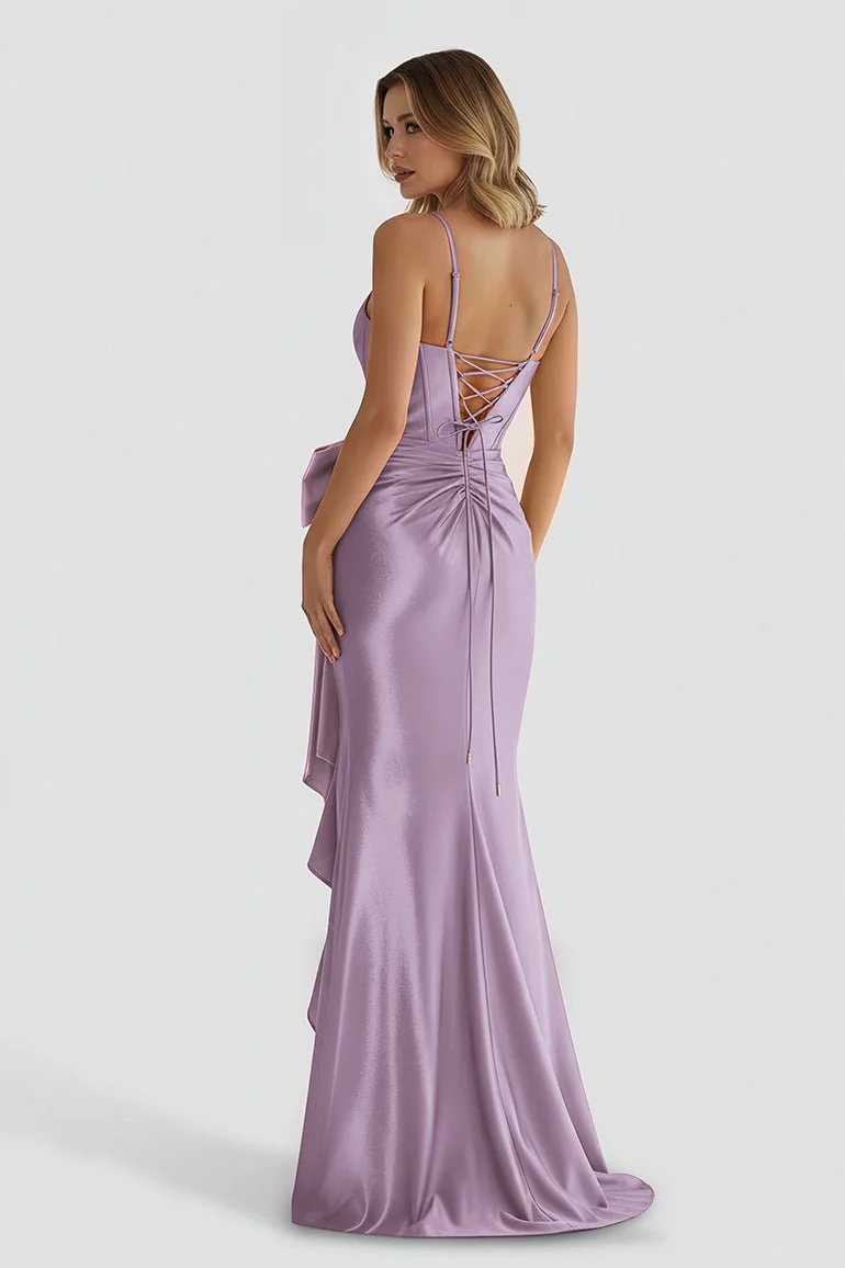 Straps V-Neck Satin Mermaid Prom Dress with Bow