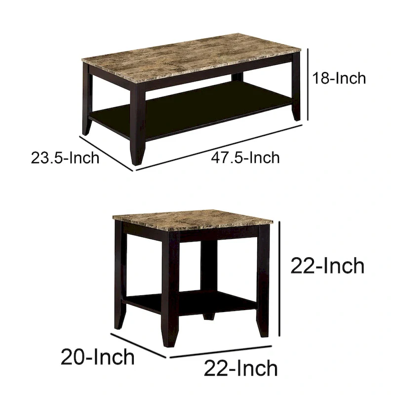 Artistic 3 piece occasional table set with Marble Top, Brown