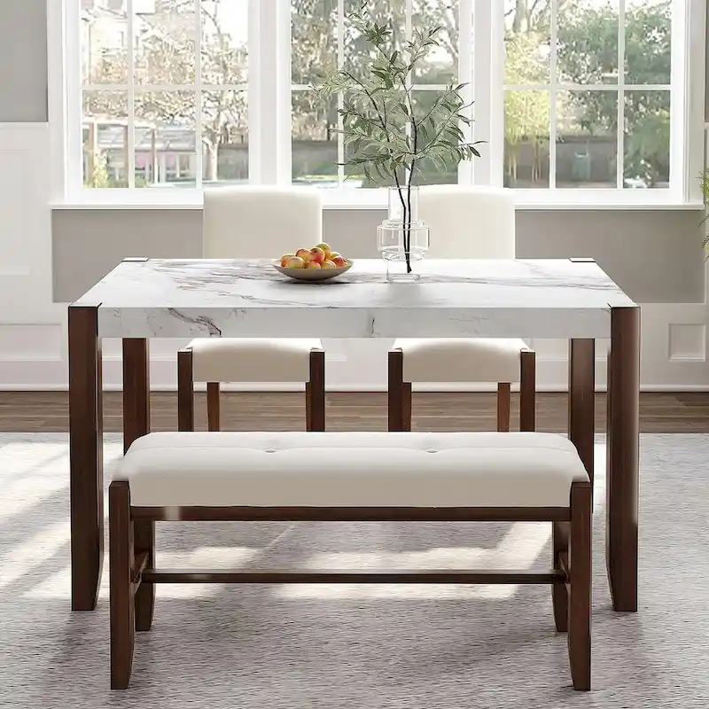 Dining Table with Faux Marble Style Top, 2 Upholstered Chairs & Bench with Wood Legs