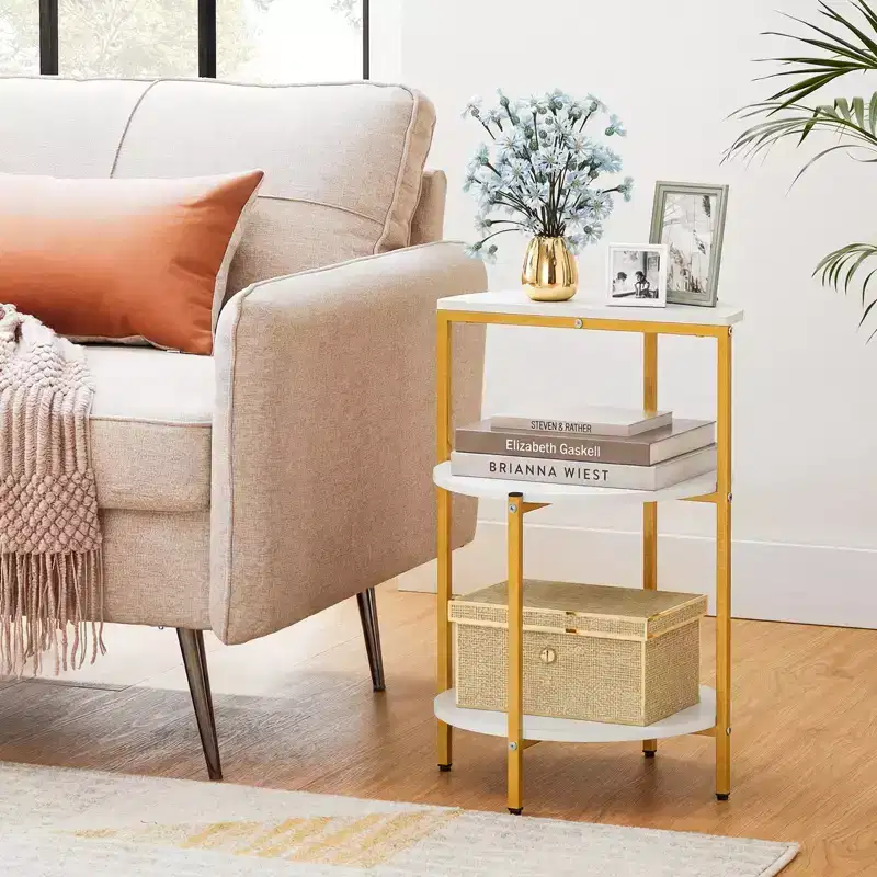 Costway 3-Tier Side Table Round End Table w/Storage Shelves Metal Frame for Bedroom