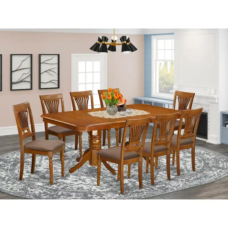 9-Piece Rectangular Dining Table Set with 8 Chairs, Saddle Brown, Seat Options