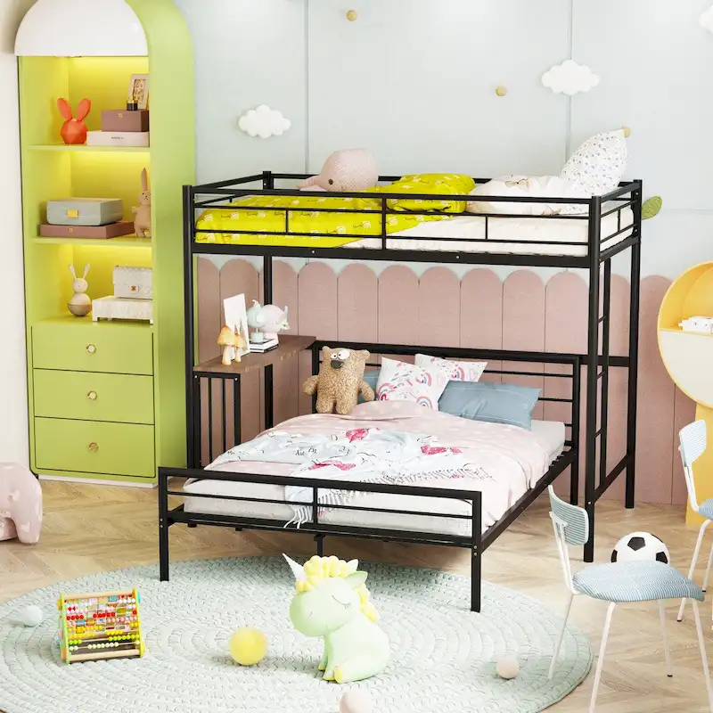 Black/Silver/White Twin-Over-Full Metal Bunk Bed with Desk & Ladder, Sleeps 2