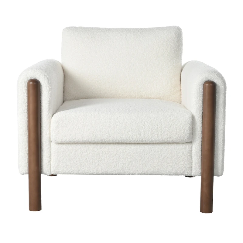White 33.5 Upholstered Accent Chair with Walnut Legs and Curved Handrail
