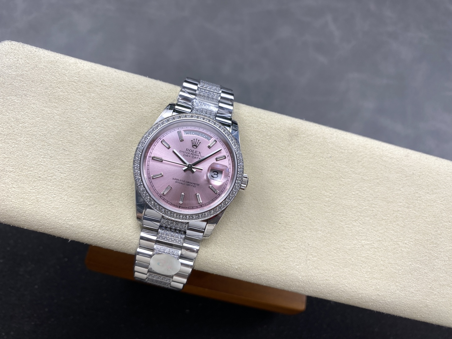 full view of rolex replicas for sale with pink face
