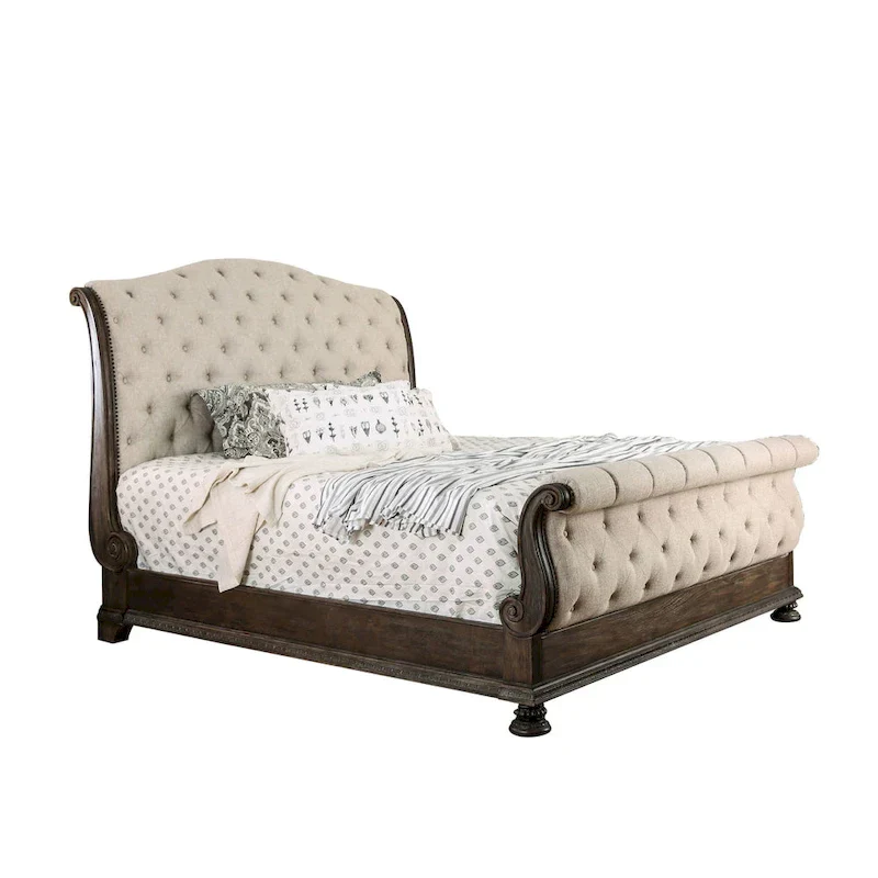Beige Tufted Sleigh Bed - Rustic Fabric Upholstered Frame