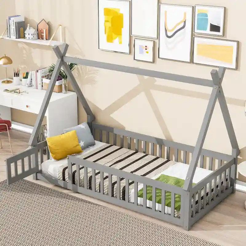 White / Grey / Natural Teepee Floor Bed with Guardrails, Slats & Door – Twin, 1 Person