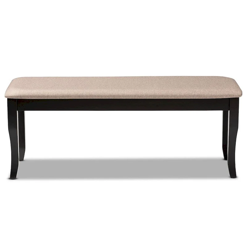 Modern Transitional Upholstered Dining Bench — Dark Brown Oak & Rubberwood, Cabriole Legs