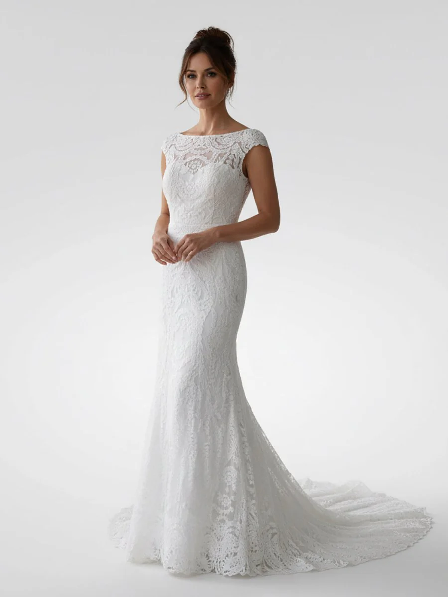 White Mermaid Cap Sleeve Lace Wedding Dress