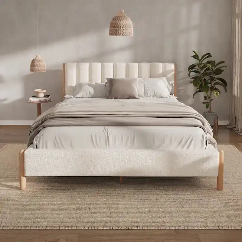 White Upholstered Queen Bed Frame with Wooden Legs (Single)