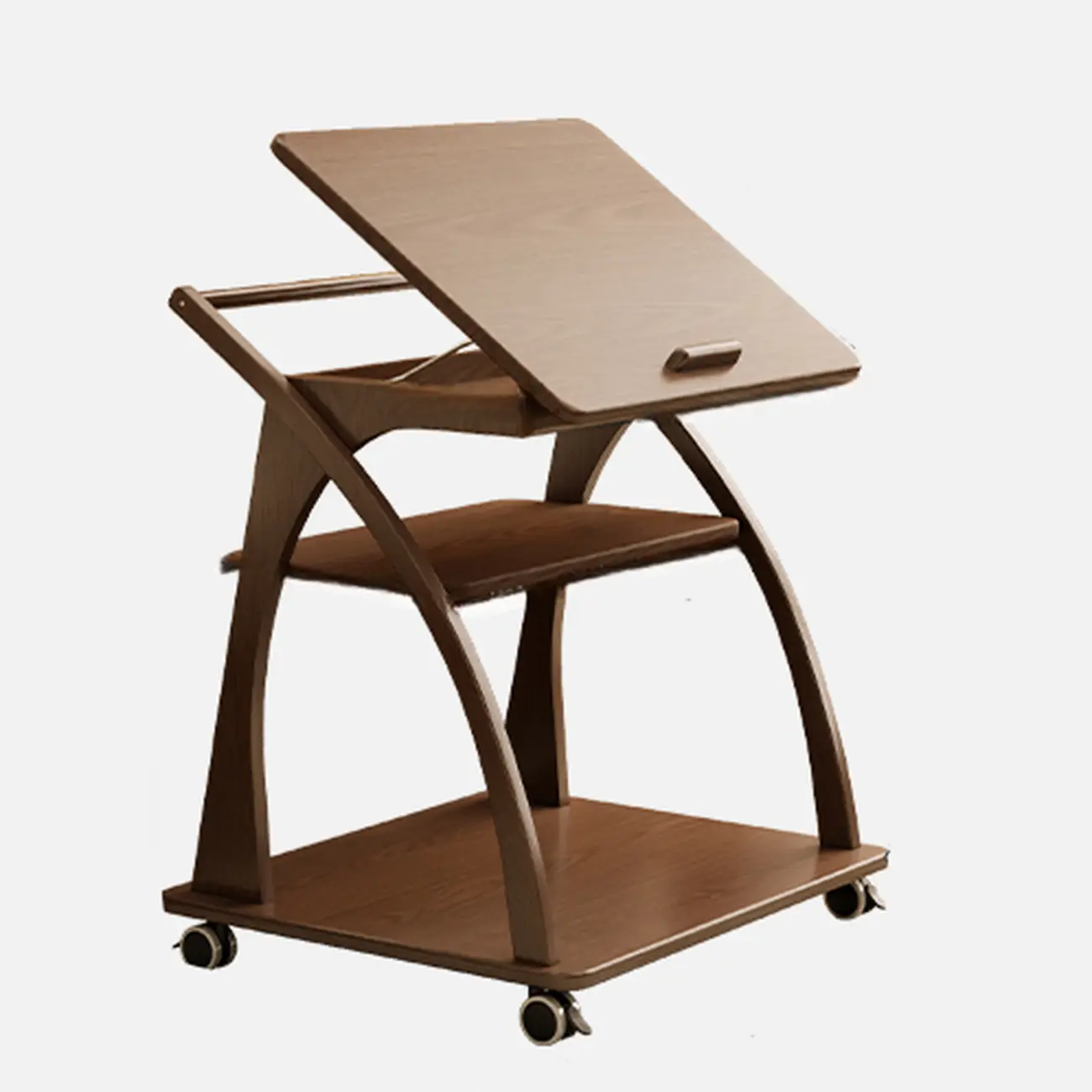 Folding 3-Tier Wooden Flip Top Rolling Side Table Nut-Brown