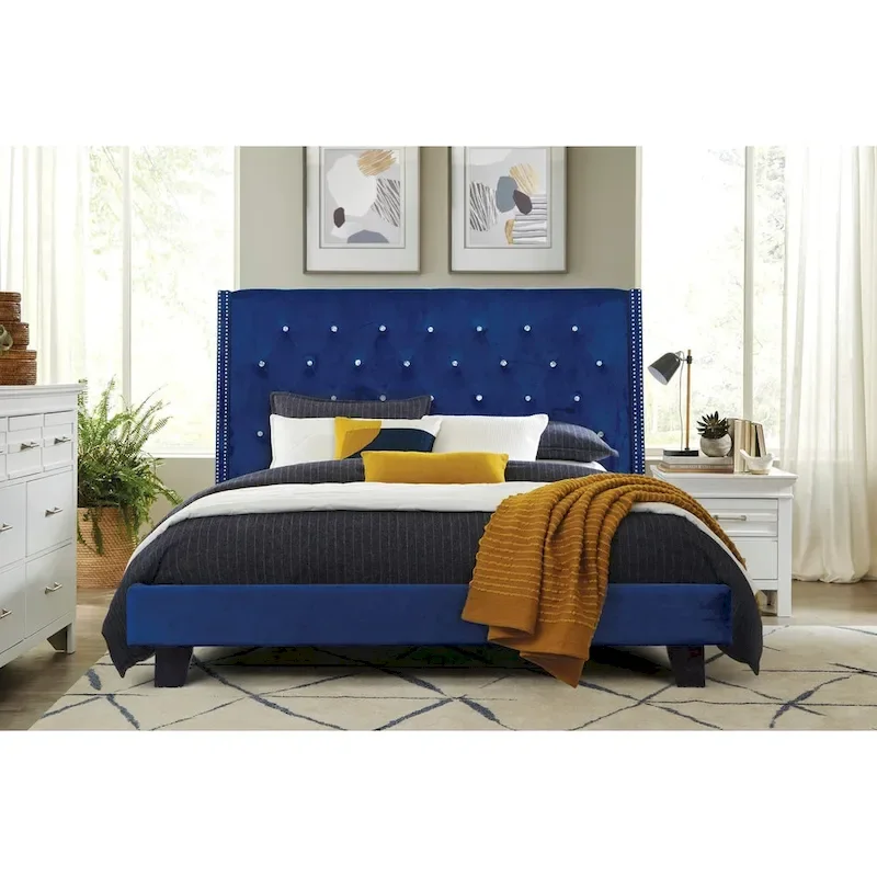 Blue Velvet Tufted Platform Bed - Modern Upholstered Bedroom Furniture