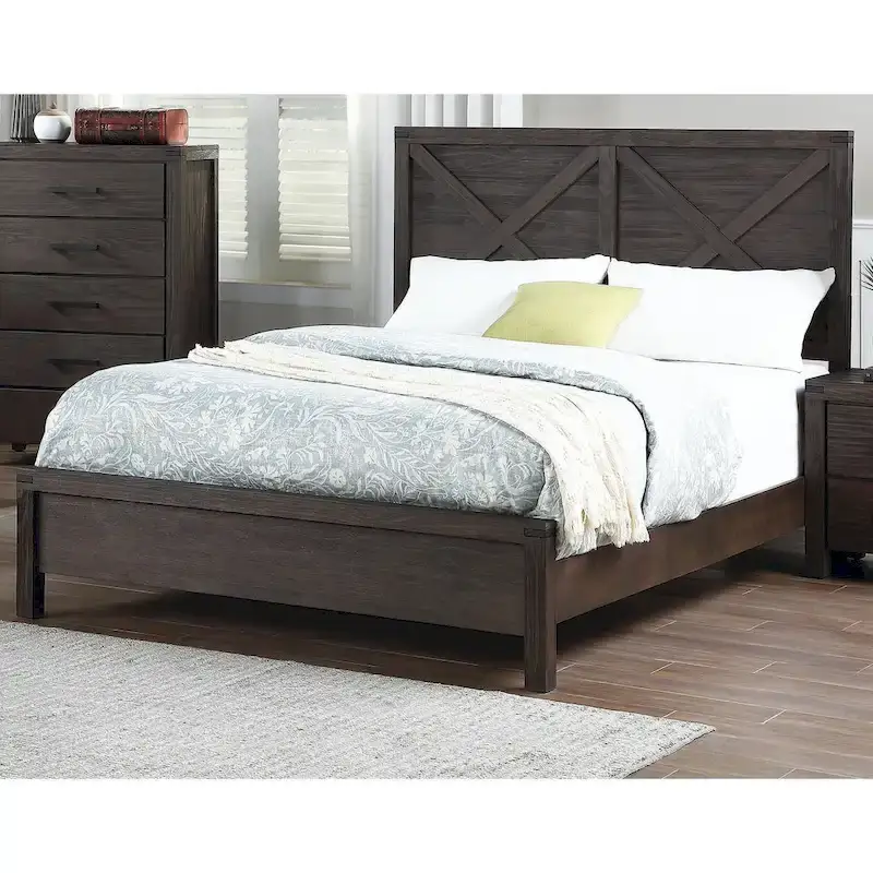 Queen Size Bed with X-Design Headboard, Espresso Finish