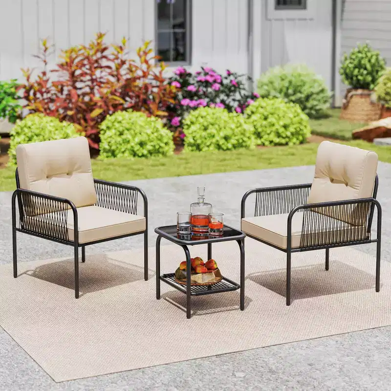Costway 3 PCS Patio Bistro Set with Tempered Glass Table Chairs Back and Seat Cushions
