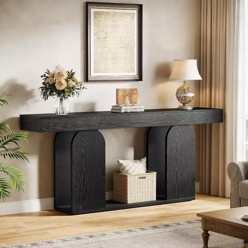 Lantine 70.9-Inch Farmhouse Extra Long Sofa Table with Wood Frame and 2-Tier Storage Shelf, Ideal for Living Room, Hallway, Foyer, Black.