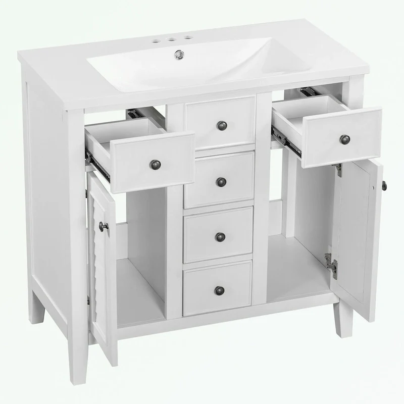 Bathroom Vanity with Ceramic Basin, Two Cabinets and Five Drawers
