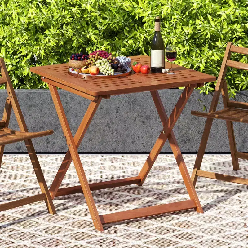 Costway 1/2 PCS 29.5 x 29.5 Patio Dining Table with Teak Painting 2 Umbrella Hole for Balcony