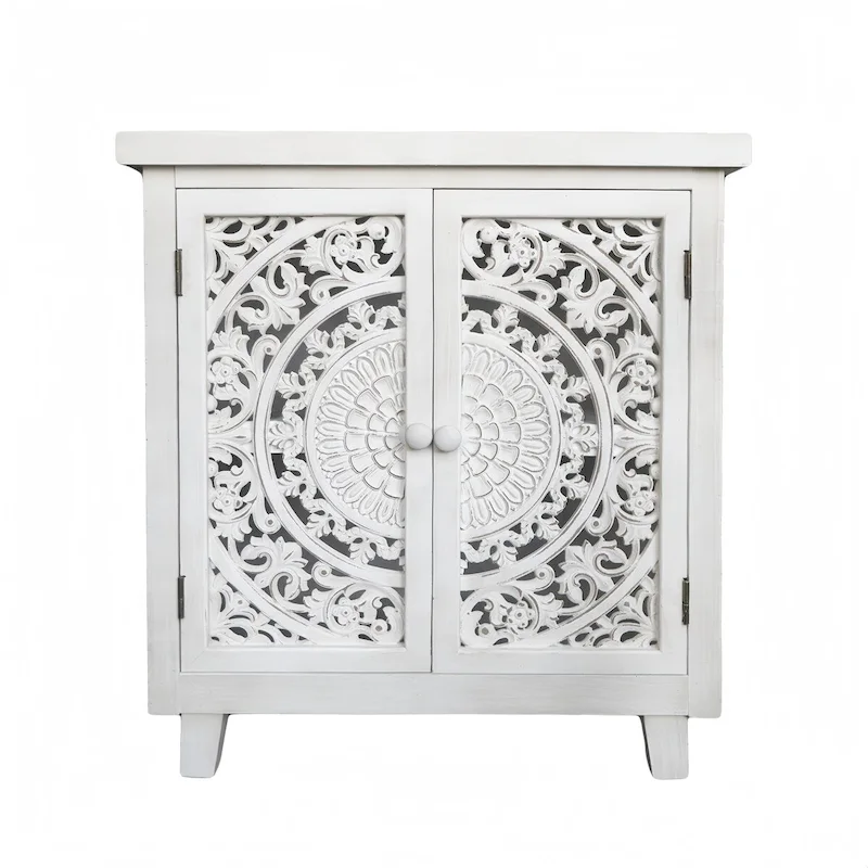 White 2-Door Carved Accent Storage Cabinet, 1-Person
