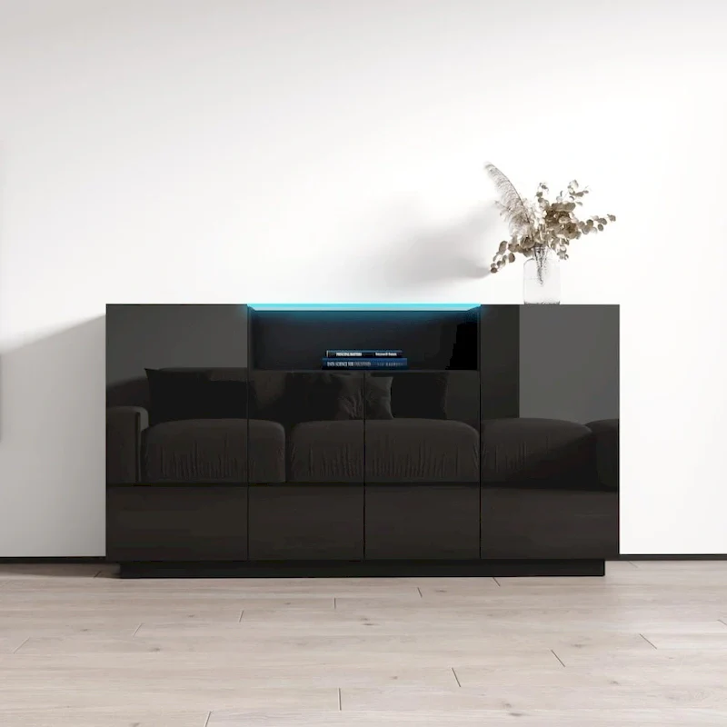 Gray / Black / White Modern Sideboard with LED Lighting, 1-Person Assembly