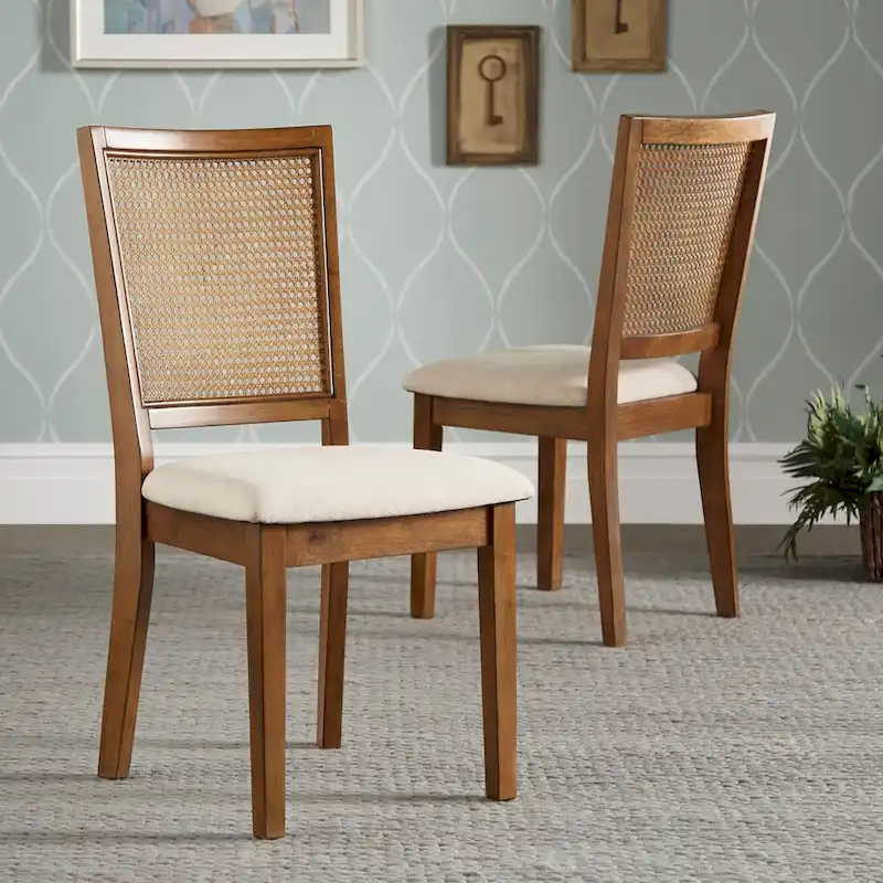 Rattan Back Dining Chair, Beige Linen Seat, Set of 2 – Oak/White/Grey/Black