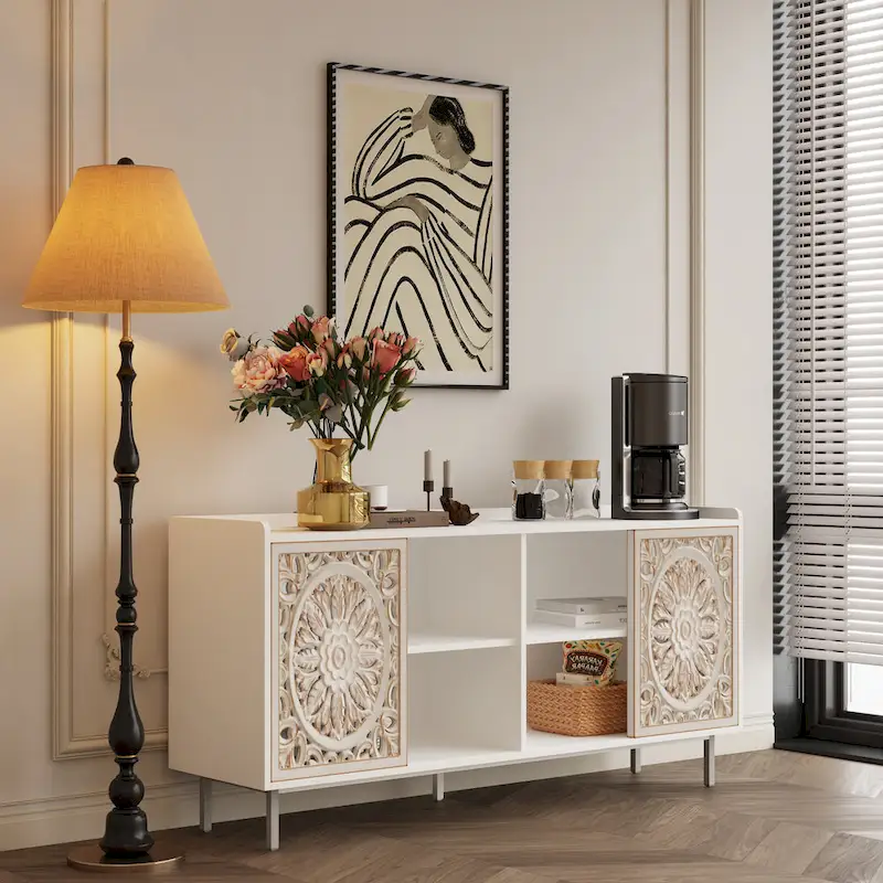 Wood Accent Storage Cabinet with Carved Detail