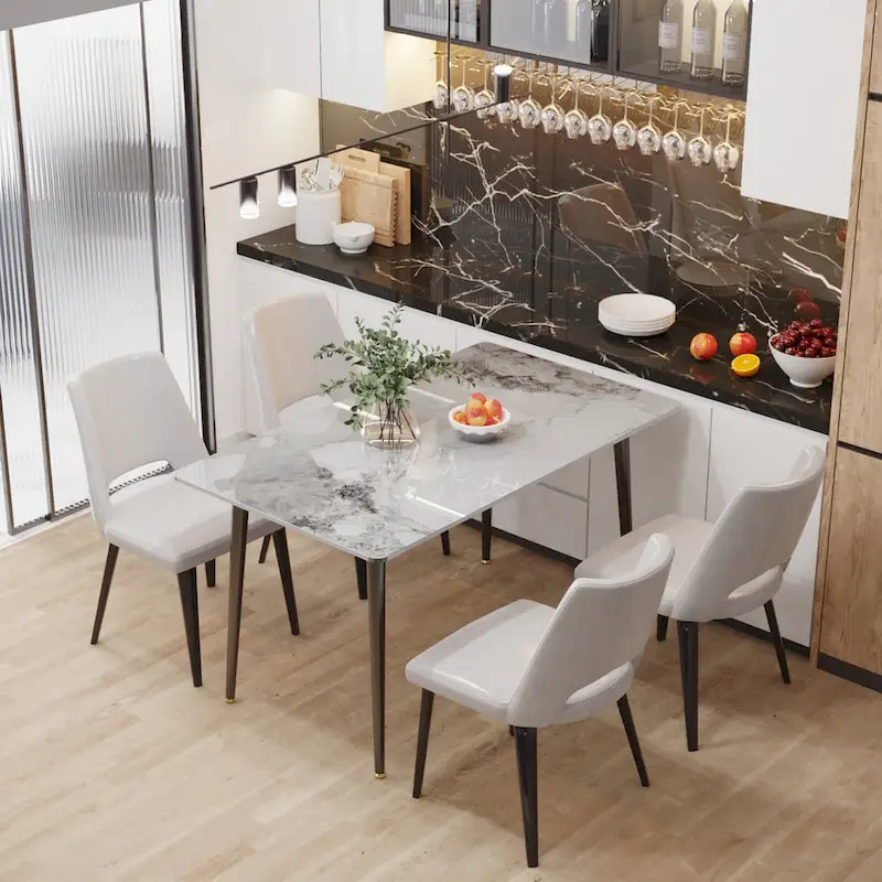 6 Seater Kitchen Dining Table Modern Marble Tabletop Rectangular with Tapered Metal Legs