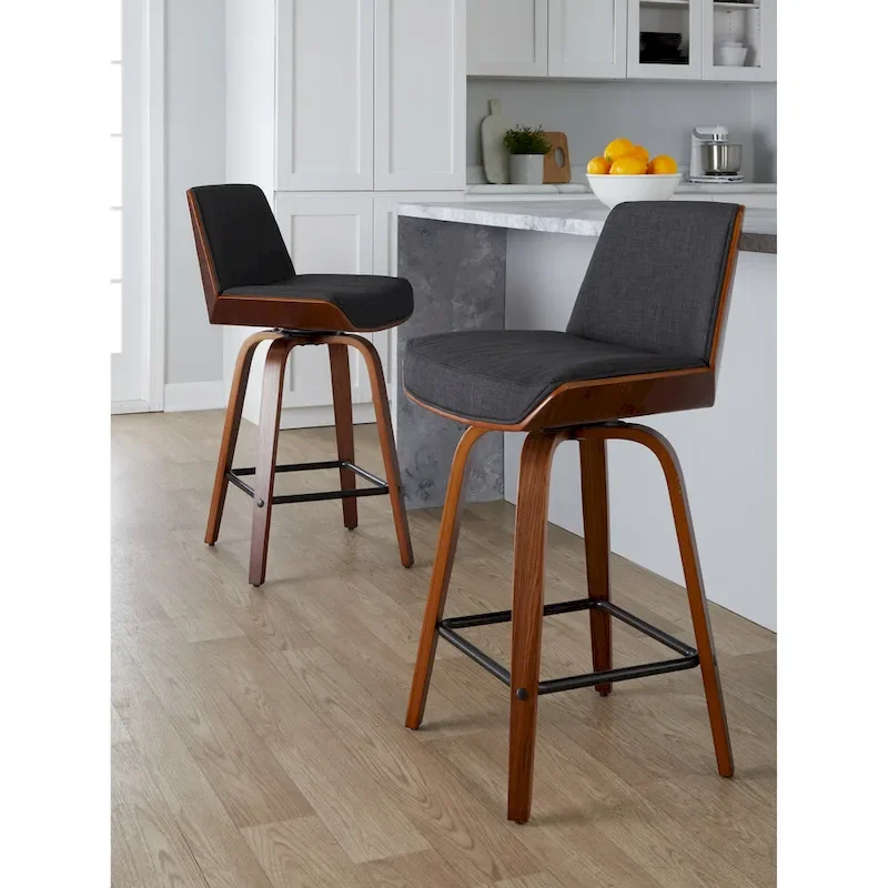 Orange/Charcoal/Light Grey Fabric Counter Stool, Walnut Back, Set of 2