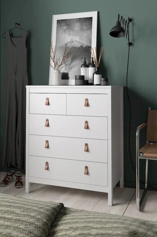Grey 5-Drawer Chest with Leather Handles