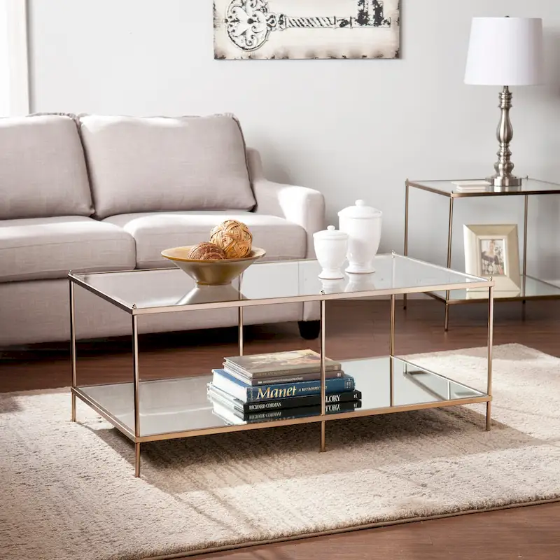 Rectangular Coffee Table - Gold, Glass Top with Mirrored Shelf, Multi-User