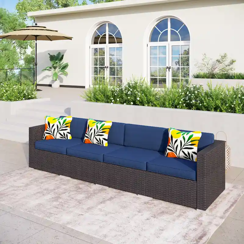 4-Piece Patio Outdoor Furniture Sectional Sofa Set All-Weather Wicker Rattan with Navy Blue Cushions