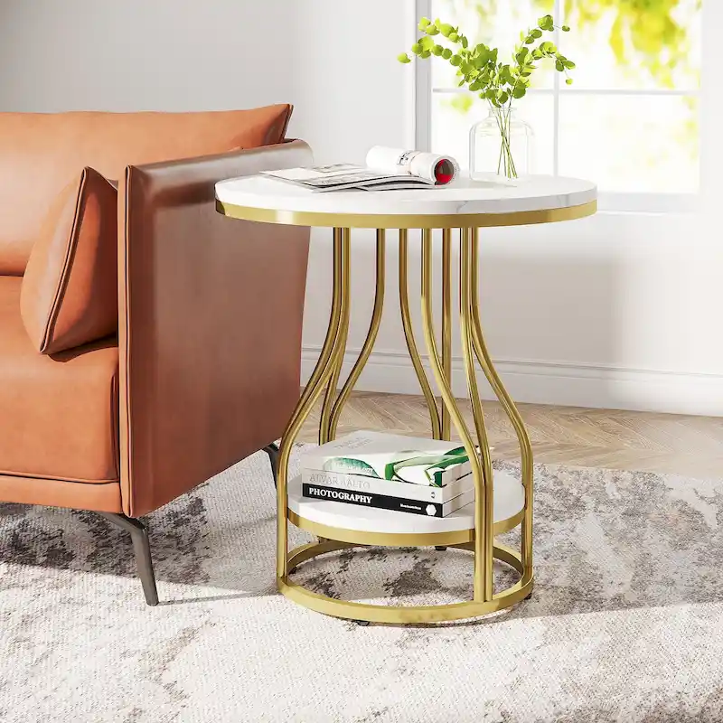 Round 2-Tier End Table in White and Gold with Storage