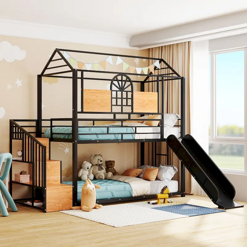 Black, Playhouse Style, Twin over Twin Bunk Bed with Slide – 2-Person