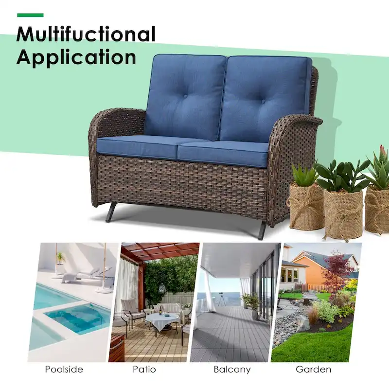 7 Piece Patio Glider Loveseat Sets with Swivel Chair - Brown