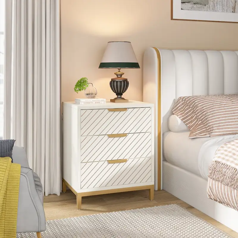 Modern 3-Drawer Nightstand with Metal Frame – White/Gold / Off-White / Brown/Black, Single