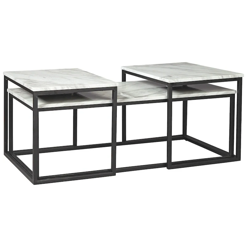 3 Piece Occasional Table, Metal Frame, Marble Top, White and Black