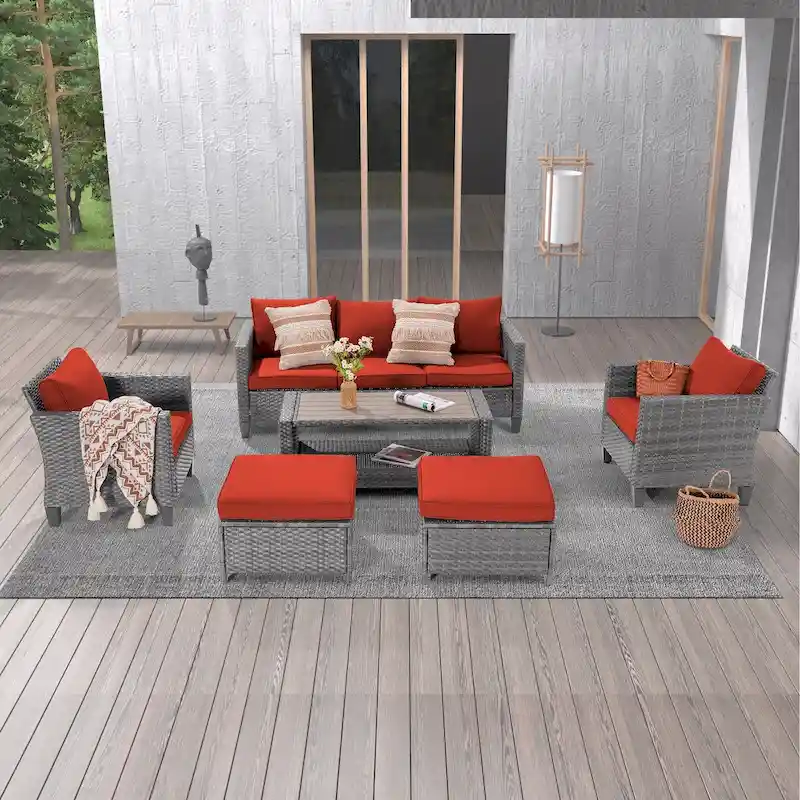 LIVOOSUN 6Pcs Patio Gray Rattan Outdoor Furniture Sofa Set with Coffee Table