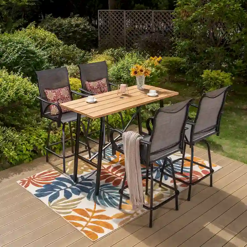 5-Piece Patio Bar Stool Set Wood-grain Bar Table & Textilene Swivel Stools