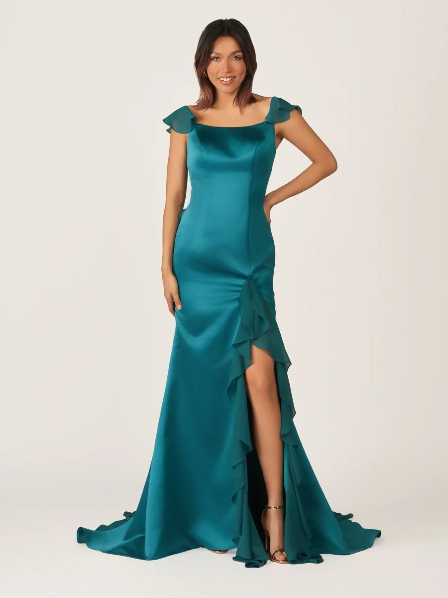 Emerald Green Square Neck Ruffle Slit Prom Dress