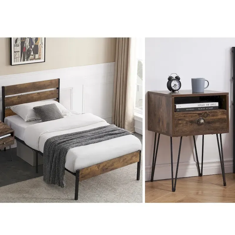 Taomika 3-Pieces Industrial Bed and Modern Square Nightstands Set