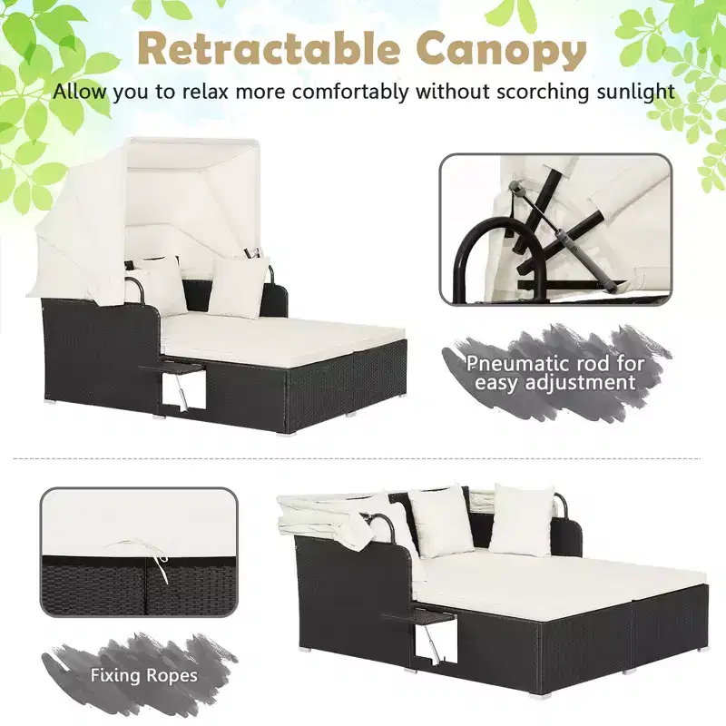 Costway Patio Rattan Daybed Lounge Retractable Top Canopy Side Tables Cushions Off White/Red/Turquoise/Beige