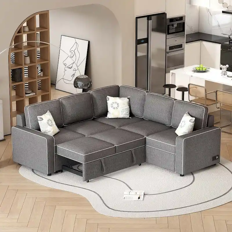 Brown/Cream/Grey L-Shaped Pull-Out Sofa Bed, Linen, Seats 3–4