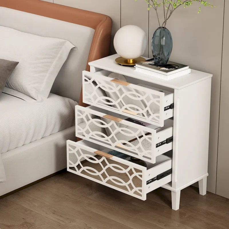 3-Drawer Mirrored Nightstand, White & Gold, Single