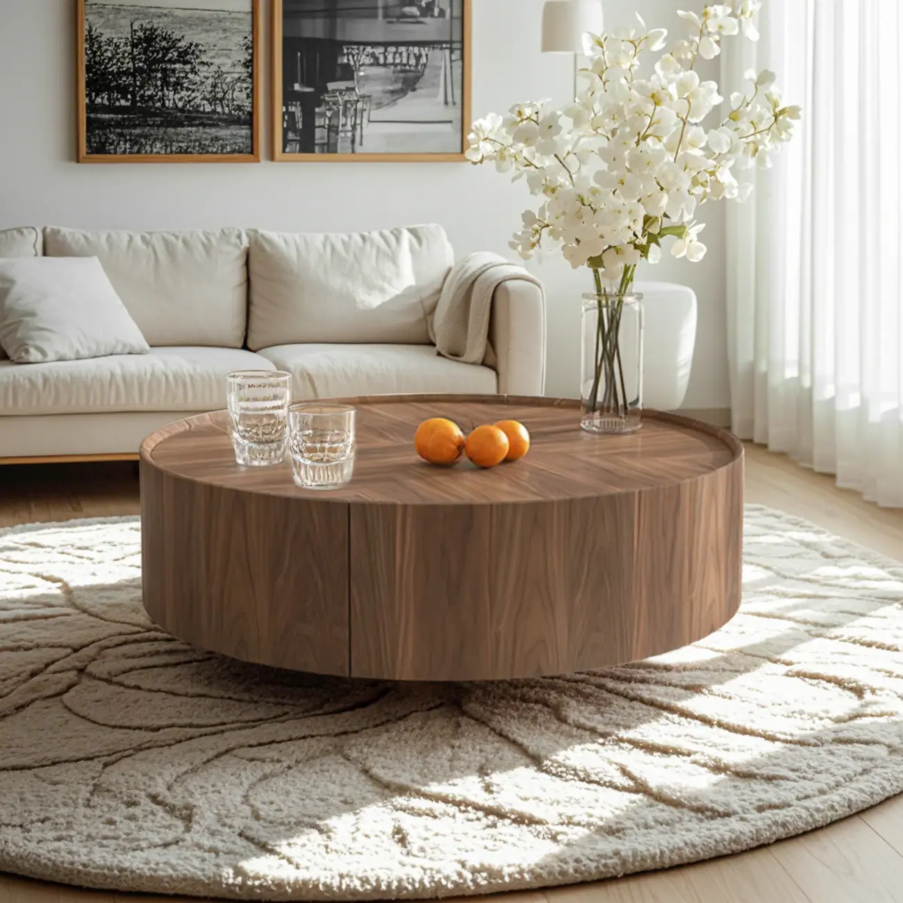 Brown Round Wood Tray Top 2 Drawers Coffee Table