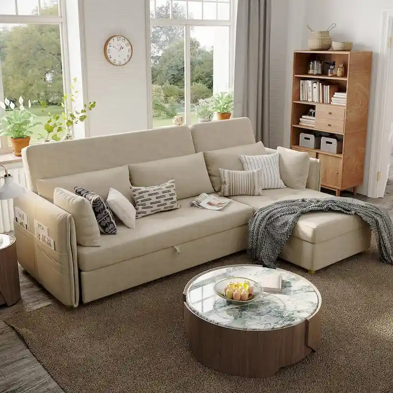 L-Shape Sofa Bed with Scratch-Resistant Fabric and Solid Wood Frame